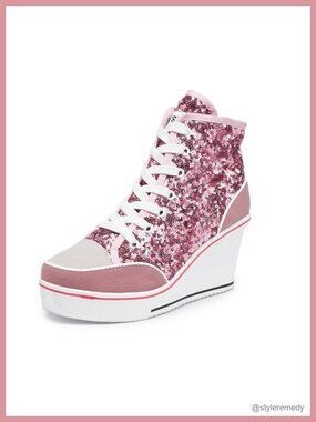 Canvas High Heeled Platform Wedge Sneakers Lace Up Walking Shoes